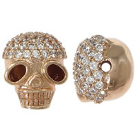 Cubic Zirconia Micro Pave Brass Beads, Skull, rose gold color plated, micro pave cubic zirconia, nickel, lead & cadmium free, 10x12.50x9mm, Hole:Approx 1mm, 15PCs/Lot, Sold By Lot