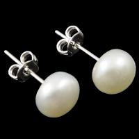 Freshwater Pearl Stud Earring, brass post pin, Potato, natural, white, 8x6.5mm, Sold By Pair