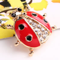 Enamel Brooch, Tibetan Style, Ladybug, rose gold color plated, with rhinestone, red, nickel, lead & cadmium free, 23x27mm, 40PCs/Lot, Sold By Lot