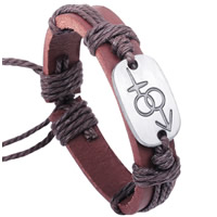 Men Bracelet Zinc Alloy with Wax Cord & Cowhide Rectangle platinum color plated brown nickel lead & cadmium free 60mm Length Approx 7.5 Inch Sold By Lot