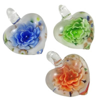 Inner Flower Lampwork Pendants, Heart, handmade, gold sand, mixed colors, 30x39x16mm, Hole:Approx 6mm, 12PCs/Box, Sold By Box