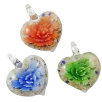 Inner Flower Lampwork Pendants, Heart, handmade, gold sand, mixed colors, 37x48x16mm, Hole:Approx 7x8mm, 12PCs/Box, Sold By Box