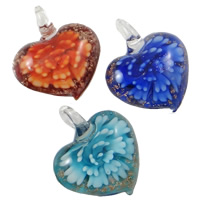 Inner Flower Lampwork Pendants, Heart, handmade, gold sand, mixed colors, 38x45x12mm, Hole:Approx 8mm, 12PCs/Box, Sold By Box