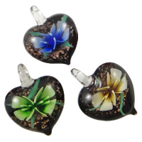 Inner Flower Lampwork Pendants, Heart, handmade, gold sand, mixed colors, 31x40x16mm, Hole:Approx 6mm, 12PCs/Box, Sold By Box