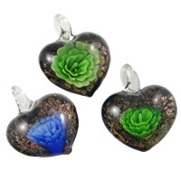 Inner Flower Lampwork Pendants, Heart, handmade, gold sand, mixed colors, 32x40x17mm, Hole:Approx 6mm, 12PCs/Box, Sold By Box