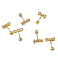 Stainless Steel Ear Piercing Jewelry, 316L Stainless Steel, Bowknot, gold color plated, with cubic zirconia, light orange, 10x4.5mm, 1.2x6mm, 4mm, 10Pairs/Lot, Sold By Lot