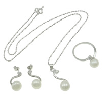 Natural Cultured Freshwater Pearl Jewelry Sets, finger ring & earring & necklace, with Rhinestone & Brass, brass interlocking clasp, brass post pin, platinum color plated, 11x28.5x9mm, 20x27.5x12mm, 10x17x8.5mm, US Ring Size:6.5, Length:16.5 Inch, Sold By Set