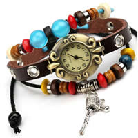 Women Watch Bracelet, Cowhide, with Tibetan Style dial & Wax Cord & Glass & Wood, plated, 3-strand, multi-colored, nickel, lead & cadmium free, 20-40mm, Length:Approx 7.5 Inch, 10Strands/Bag, Sold By Bag