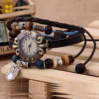 Women Watch Bracelet, Cowhide, with Tibetan Style dial & Wax Cord & Wood, plated, 4-strand, multi-colored, nickel, lead & cadmium free, 20-40mm, Length:Approx 7.5 Inch, 10Strands/Bag, Sold By Bag