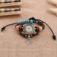 Women Watch Bracelet, Cowhide, with Tibetan Style dial & Wax Cord & Wood, plated, 3-strand, multi-colored, nickel, lead & cadmium free, 20-40mm, Length:Approx 7.5 Inch, 10Strands/Bag, Sold By Bag