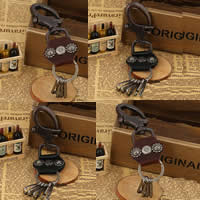 Tibetan Style Key Chain, with Cowhide, plated, mixed colors, nickel, lead & cadmium free, 90-110mm, 10Strands/Bag, Sold By Bag