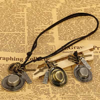 Tibetan Style Jewelry Necklace, with Cowhide, Hat, plated, adjustable, mixed colors, nickel, lead & cadmium free, 30-40mm, Length:15-25 Inch, 20Strands/Bag, Sold By Bag