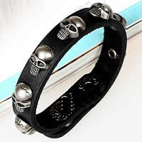 Men Bracelet Cowhide with Zinc Alloy Skull platinum color plated nickel lead & cadmium free 8-15mm Length 8-9 Inch Sold By Bag