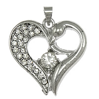 Tibetan Style Heart Pendants, platinum color plated, with rhinestone, nickel, lead & cadmium free, 25x26x4mm, Hole:Approx 4x3mm, 100PCs/Lot, Sold By Lot