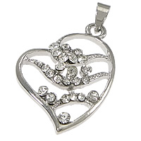 Tibetan Style Heart Pendants, platinum color plated, with rhinestone, nickel, lead & cadmium free, 19x26x4mm, Hole:Approx 4x3mm, 100PCs/Lot, Sold By Lot