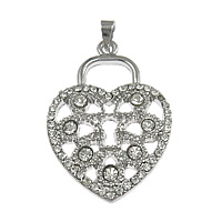 Tibetan Style Heart Pendants, platinum color plated, with rhinestone & hollow, nickel, lead & cadmium free, 24x35x3mm, Hole:Approx 4x3mm, 50PCs/Lot, Sold By Lot