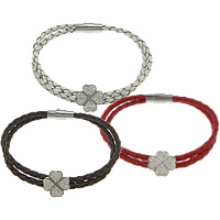 PU Leather Cord Bracelets, with Rhinestone Clay Pave & 316 Stainless Steel, Four Leaf Clover, with 48 pcs rhinestone & 2-strand, more colors for choice, 15x15mm, 18x7mm, 3mm, Length:Approx 8 Inch, 10Strands/Lot, Sold By Lot