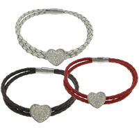 PU Leather Cord Bracelets, with Rhinestone Clay Pave & 316 Stainless Steel, Heart, with 40 pcs rhinestone & 2-strand, more colors for choice, 17x14mm, 18x7mm, 3mm, Length:Approx 9 Inch, 10Strands/Lot, Sold By Lot