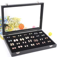 Earring Box, Cardboard, with PU Leather & Velveteen & Glass, Rectangle, black, 350x240x45mm, 2PCs/Lot, Sold By Lot