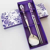Stainless Steel Tableware Set, chopsticks & spoon, Rectangle, hand drawing, with flower pattern, purple, 202x72x20mm, 30Sets/Lot, Sold By Lot