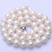 Natural Freshwater Pearl Necklace brass box clasp Round platinum plated white 9-10mm Sold By Strand