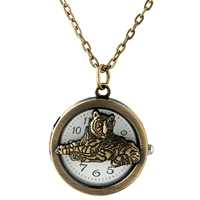 Fashion Watch halskæde, Zinc Alloy, med Organisk glas, Flad Rund, antik bronze farve forgyldt, oval kæde, nikkel, bly & cadmium fri, 30mm, 15Strands/Lot, Solgt af Lot