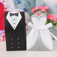 Boîte de bonbons de mariage, papier, avec ruban de satin, vêtement, fait à la main, pour le couple, 100x58x38mm,85x58x38mm, 200ensemblessérie/lot, Vendu par lot