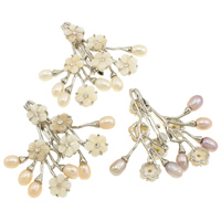 Shell Brooch with Freshwater Pearl & Brass Flower platinum color plated with rhinestone mixed colors 6-7mm Sold By Bag