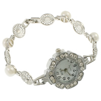 Pulsera de Reloj para Mujer, metal, con perla, chapado, con diamantes de imitación, libre de níquel, plomo & cadmio, 28x35x8mm, Vendido para aproximado 7.5 Inch Sarta