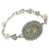 Pulsera de Reloj para Mujer, metal, con perla, Flor, chapado, con diamantes de imitación, libre de níquel, plomo & cadmio, 27x31x8mm, Vendido para aproximado 7.5 Inch Sarta