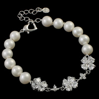 Freshwater Cultured Pearl Bracelet, Freshwater Pearl, brass lobster clasp, with 5cm extender chain, Potato, natural, with cubic zirconia, white, 8-9mm, 12x60x4mm, Sold Per Approx 7.5 Inch Strand