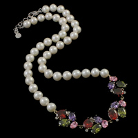 Natural Freshwater Pearl Necklace, brass lobster clasp, with 5cm extender chain, Potato, with cubic zirconia, white, 8-9mm, 18x96x5mm, Sold Per Approx 16.5 Inch Strand
