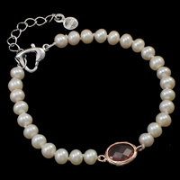 Sötvatten odlade Pearl Bracelet, Freshwater Pearl, med Glas, mässing Karbinlås, med 5cm extender kedja, Potatis, naturlig, vit, 5-6mm, 10x17x3mm, Såld Per Ca 7.5 inch Strand