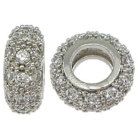 Brass European Beads, Rondelle, platinum plated, micro pave cubic zirconia & without troll, nickel, lead & cadmium free, 4x10x10mm, Hole:Approx 5mm, 10PCs/Lot, Sold By Lot