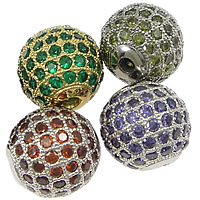 Befestigte Zirkonia Perlen, Messing, rund, plattiert, Micro pave Zirkonia, gemischte Farben, frei von Nickel, Blei & Kadmium, 12mm, Bohrung:ca. 1.5mm, 5PCs/Menge, verkauft von Menge