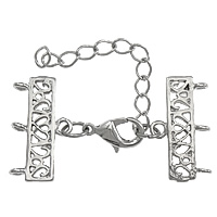 Brass Lobster Claw Cord Clasp, platinum color plated, with connector bar & 3-strand & hollow, nickel, lead & cadmium free, 37mm, 21x5mm, Hole:Approx 1.5mm, 100PCs/Lot, Sold By Lot