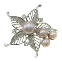 Freshwater Pearl Brooch, with Brass, Flower, with rhinestone, white, 46x47x16mm, Sold By PC