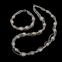 Naturliga Odlade Sötvatten Pearl Jewelry Sets, armband & halsband, Freshwater Pearl, med Glass Seed Beads, järn Karbinlås, Ris, 7-8mm, Längd 17 inch,  7.5 inch