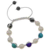 Freshwater Pearl Woven Ball Bracelets, with Wax Cord & Non Magnetic Hematite & Turquoise, natural, 10mm, Length:Approx 7.5 Inch, 5Strands/Bag, Sold By Bag