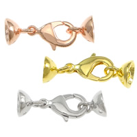 Brass Lobster Claw Cord Clasp, plated, with end cap, more colors for choice, nickel, lead & cadmium free, 26mm, 8x7.5mm, 15x9x3mm, Hole:Approx 2.5mm, 1mm, 100Sets/Lot, Sold By Lot