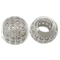 Brass European Beads, Drum, platinum plated, micro pave cubic zirconia & without troll & hollow, nickel, lead & cadmium free, 10x11mm, Hole:Approx 5mm, 10PCs/Lot, Sold By Lot