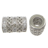 Hollow Brass Beads, Column, platinum plated, micro pave cubic zirconia, nickel, lead & cadmium free, 11x9mm, Hole:Approx 4mm, 10PCs/Lot, Sold By Lot