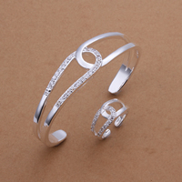Cuff bangle & finger ring Brass real silver plated with cubic zirconia lead & nickel free 65mm US Ring Sold By Set