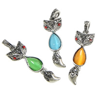 Tibetan Style Animal Pendants, with Cats Eye, Fox, antique silver color plated, with rhinestone, more colors for choice, nickel, lead & cadmium free, 13x40x4mm, Hole:Approx 4x6mm, 100PCs/Lot, Sold By Lot