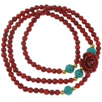 Natural Coral Bracelet, with Brass, Flower, 3-strand, red, 4mm, 15x7mm, Length:Approx 19.5 Inch, 12Strands/Bag, Sold By Bag