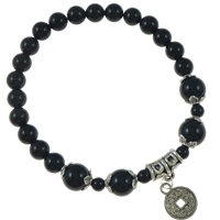 Black Agate Bracelets with Zinc Alloy Ancient Chinese Coin antique silver color plated 6mm Length Approx 7.5 Inch Sold By Bag