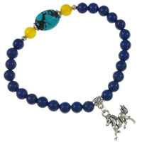 Bracelets de lapis-lazuli naturel, lapis lazuli naturel, avec turquoise & agate jaune & alliage de zinc, cheval, Plaqué de couleur d'argent, 6mm, 14x22mm, Longueur:Environ 7.5 pouce, 12Strandstoron/sac, Vendu par sac