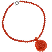 Natürliche Koralle Halskette, Messing Federring Verschluss, Blume, rot, 34x23mm, verkauft per ca. 15.5 ZollInch Strang