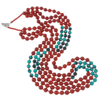 Natural Coral Necklace with turquoise & Nylon Cord brass spring ring clasp Round  red 6-7mm Sold Per Approx 22 Inch Strand