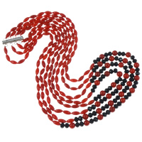Natürliche Koralle Halskette, mit Kristall, Messing Schiebeverschluss, 4-Strang, rot, 7mm, 4x8mm, verkauft per ca. 18 ZollInch Strang
